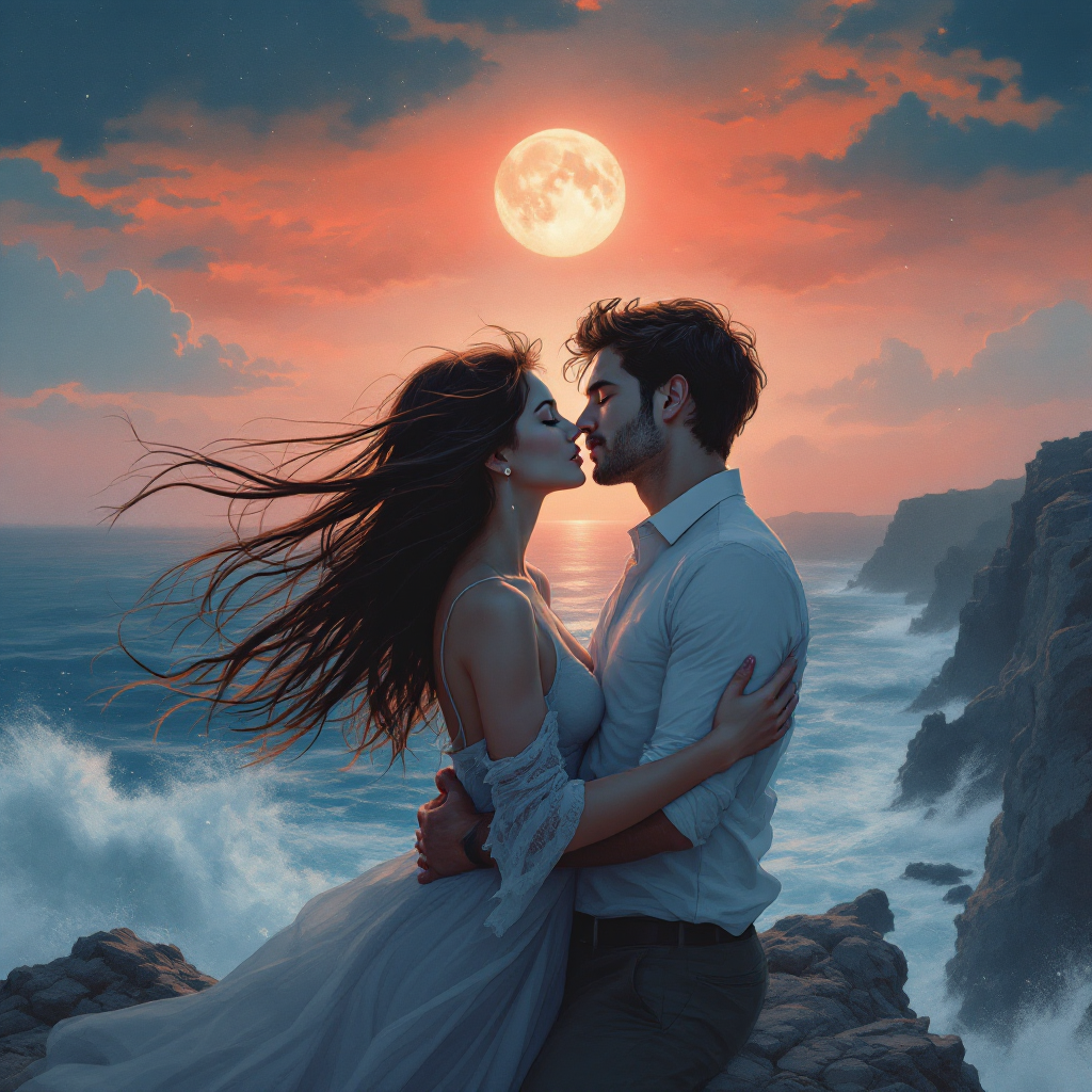 A couple embraces on a rocky shore, kissing under a glowing full moon, with waves crashing nearby and a vibrant sunset sky, embodying the quote about love transcending time and space.