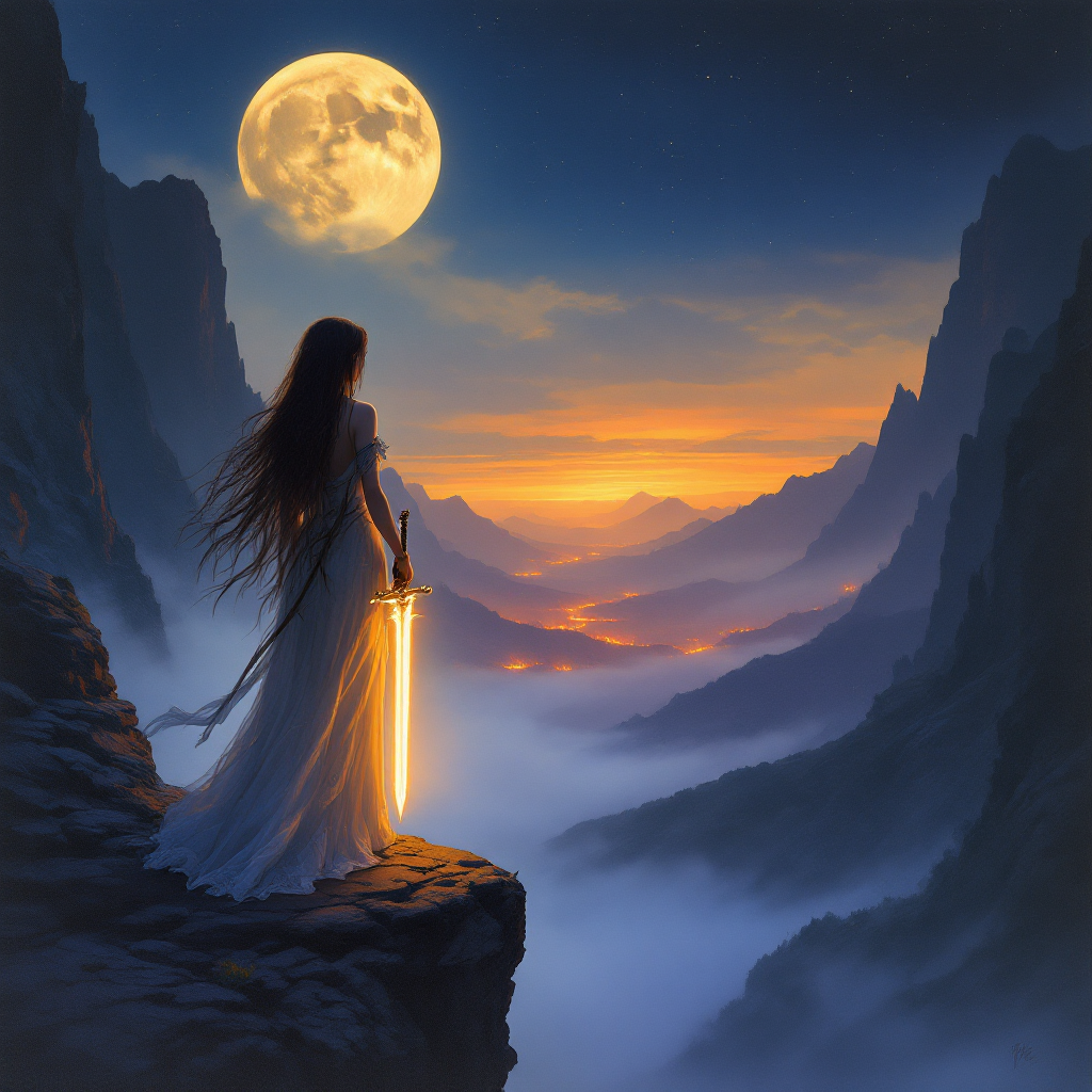 A silhouette of a woman in a flowing white dress stands on a cliff, holding a glowing sword as a full moon illuminates the misty valley below, embodying the quote about love’s duality.