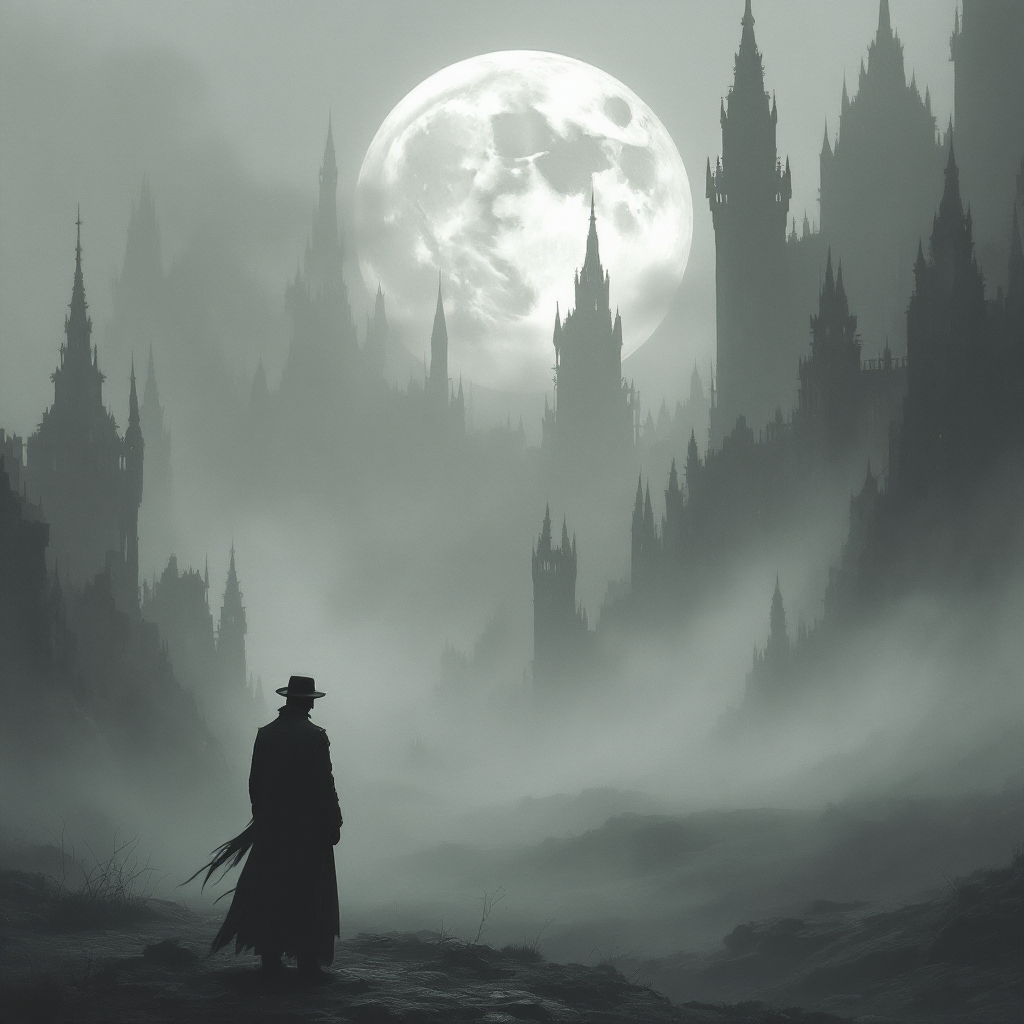 A silhouetted figure stands in a misty landscape, facing towering, gothic spires under a dramatic full moon, embodying the sentiment of wanting distance from the Faerie court.