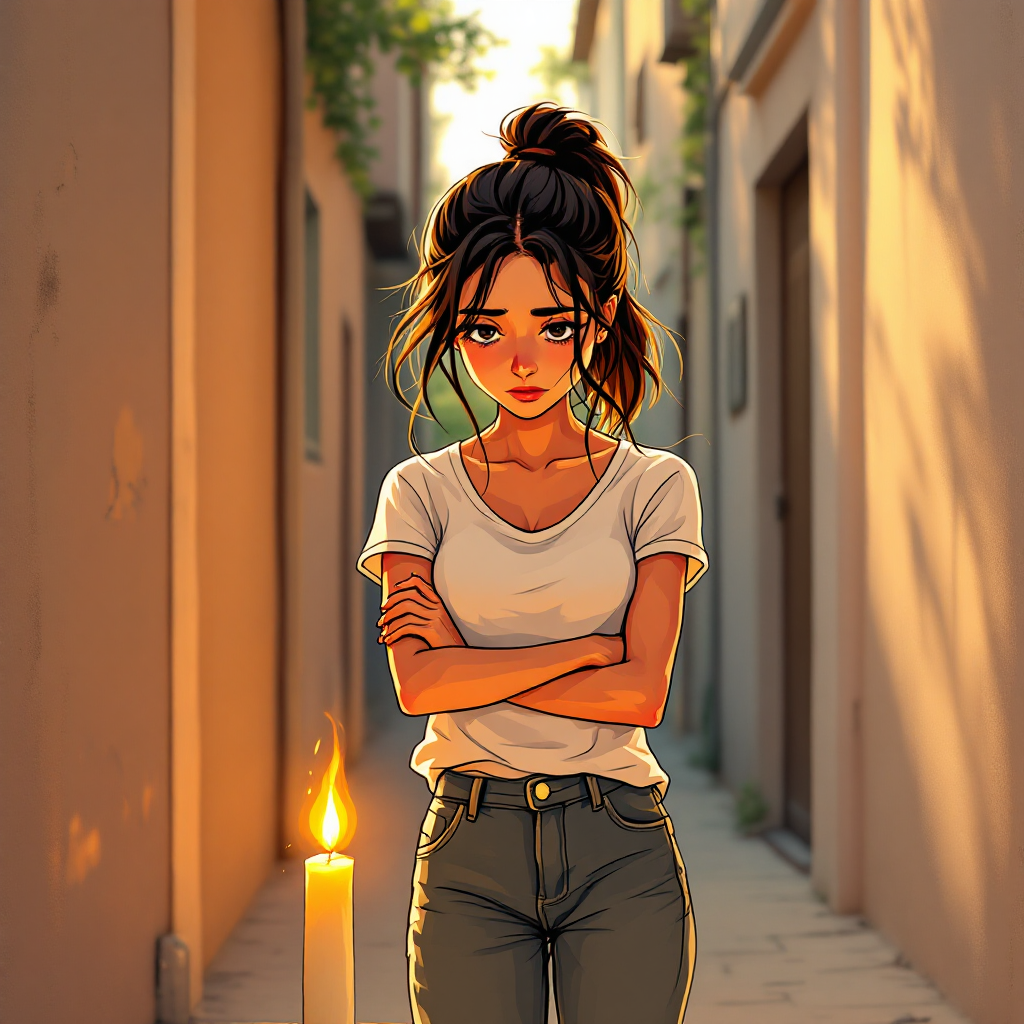 A young woman stands in a narrow alley, arms crossed, with a candle flickering beside her. She embodies the quote, The real courage is to bear witness to the truth.