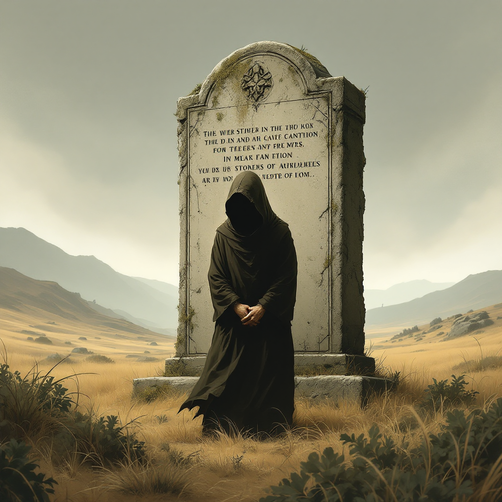 A cloaked figure stands before a weathered tombstone in a desolate landscape, embodying the notion that history remembers deeds, not blood, against a backdrop of rolling hills.