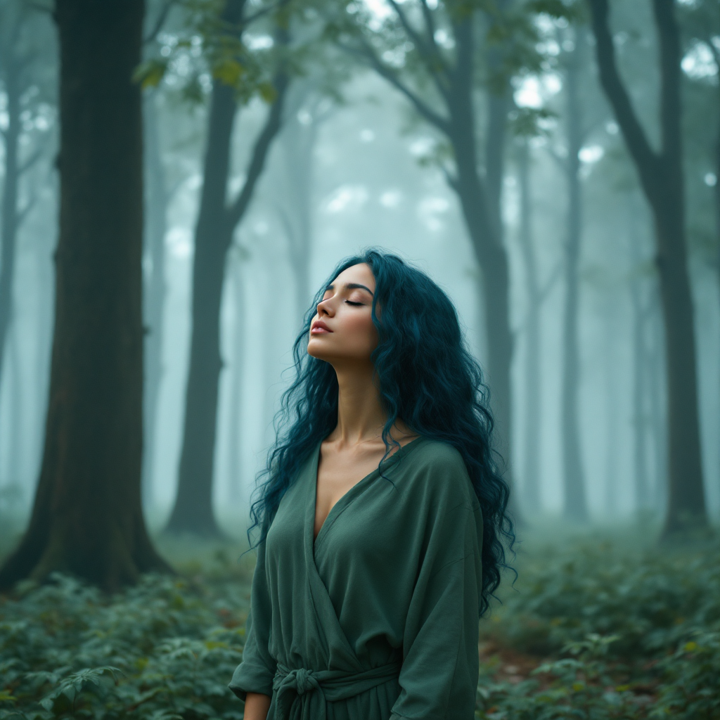 A woman with long, wavy blue hair stands in a misty forest, her eyes closed and face tilted upwards, embodying a deep sense of feeling and connection to her surroundings.