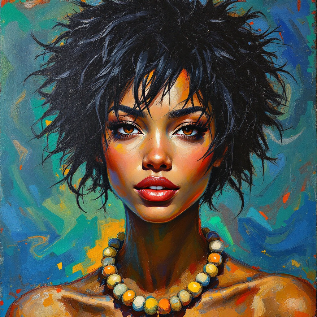 A striking portrait of a confident woman with textured, voluminous hair and bold features, adorned with a colorful necklace, embodying the essence of the quote I am no man’s trophy.