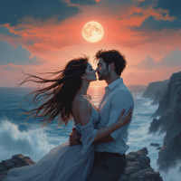 A couple embraces on a rocky shore, kissing under a glowing full moon, with waves crashing nearby and a vibrant sunset sky, embodying the quote about love transcending time and space.