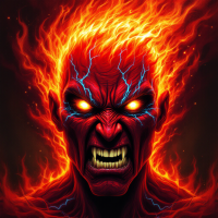 A fierce, red-faced figure with fiery hair and glowing eyes conveys raw emotion, embodying the quote about anger’s danger: bold yet foolish.