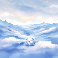 A serene landscape of soft blue mountains and clouds, with a globe nestled among them, reflecting the quote about changing perspectives rather than the world itself.