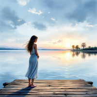 A young woman in a flowing white dress stands on a wooden dock at sunset, gazing across a calm lake, embodying the strength found in isolation.