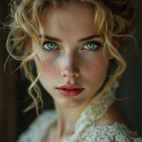 A close-up portrait of a young woman with striking green eyes, freckles, and wavy blonde hair. Her expression conveys strength and resilience, reflecting the quote about handling scars.