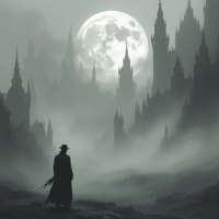 A silhouetted figure stands in a misty landscape, facing towering, gothic spires under a dramatic full moon, embodying the sentiment of wanting distance from the Faerie court.