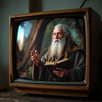 A wise figure with a long beard gestures while holding an open book, framed within an old television, symbolizing that wisdom is gained through experience and learning from mistakes.