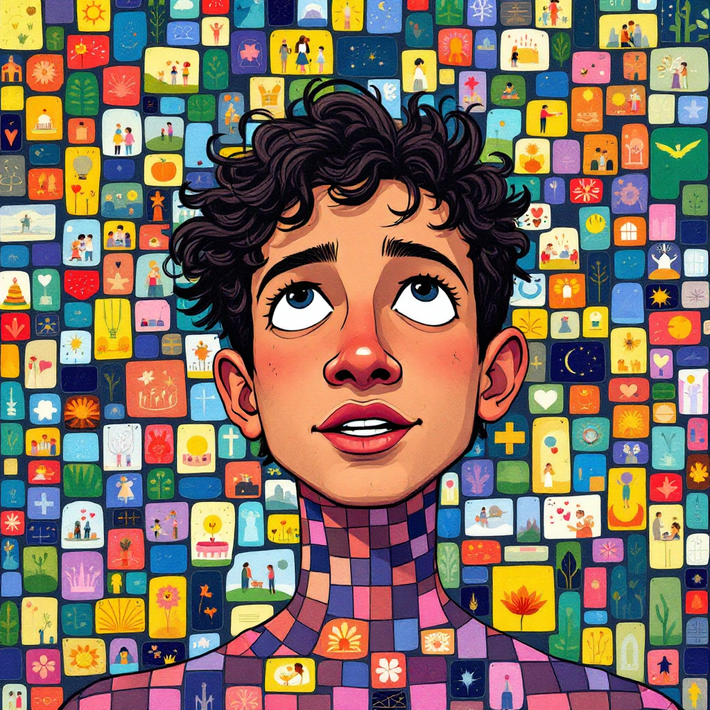 A young person with curly hair gazes upward, their body adorned with a colorful mosaic of small images, symbolizing the intricate choices that shape our identities.