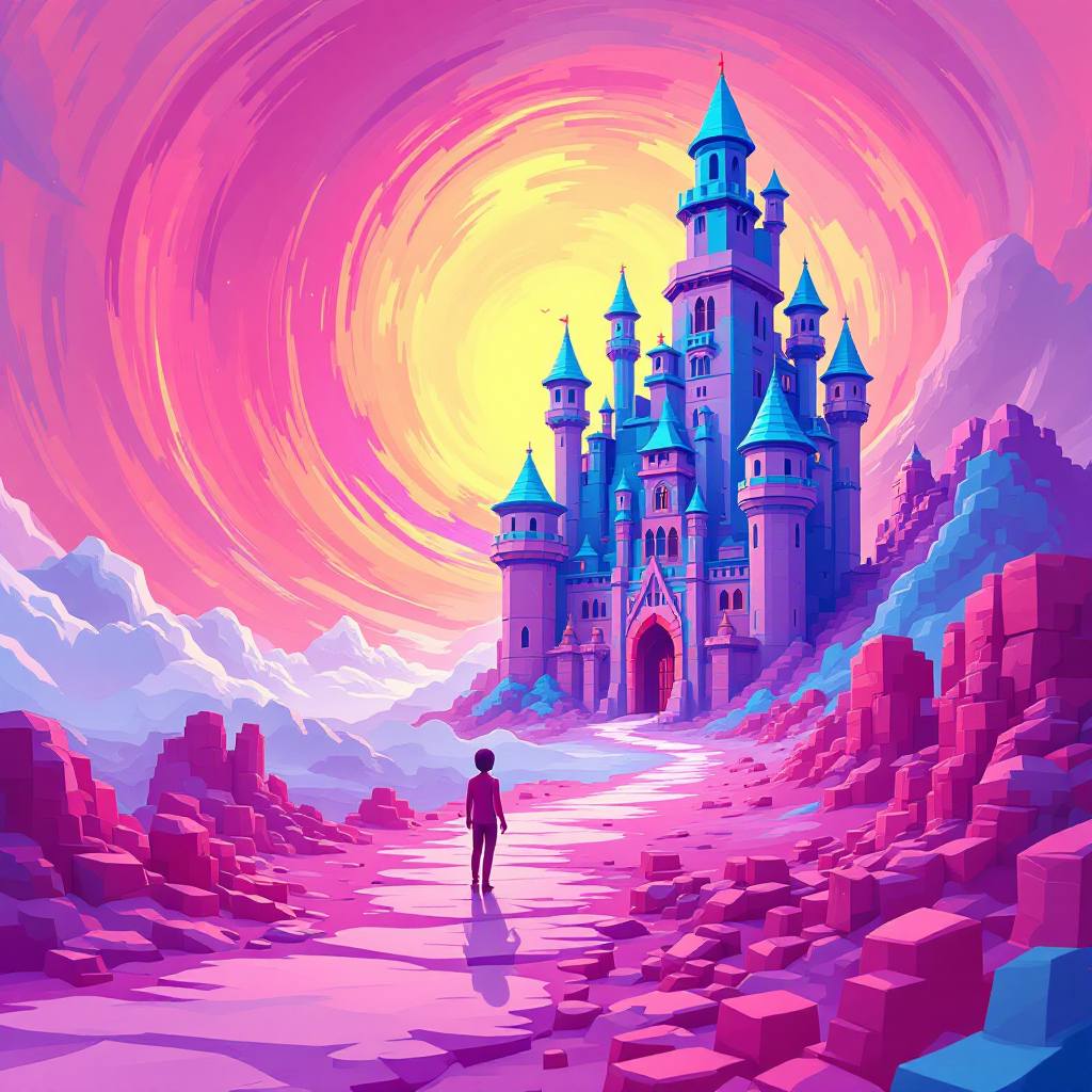 A dreamer walks towards a vibrant, surreal castle bathed in swirling pink and yellow hues, embodying the quote, Your dreams can lead you anywhere; just keep dreaming.