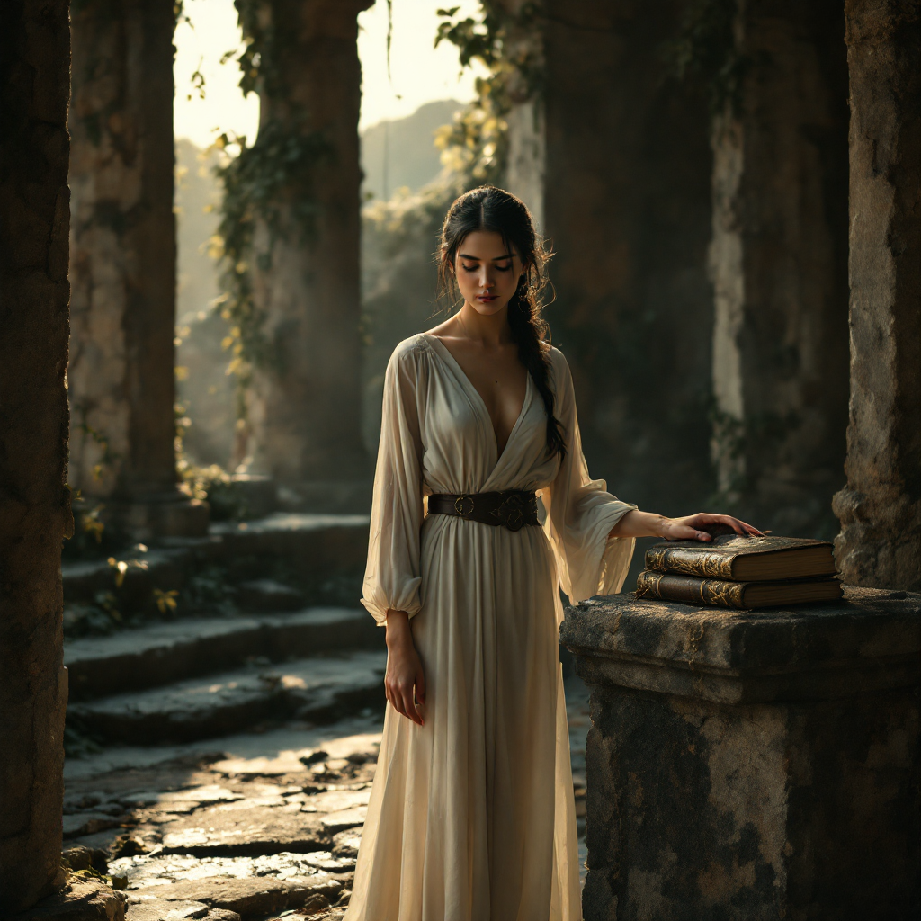 A contemplative woman in a flowing dress stands in a sunlit, ancient ruin, softly touching a stack of books, embodying the quote about legacy and the past.