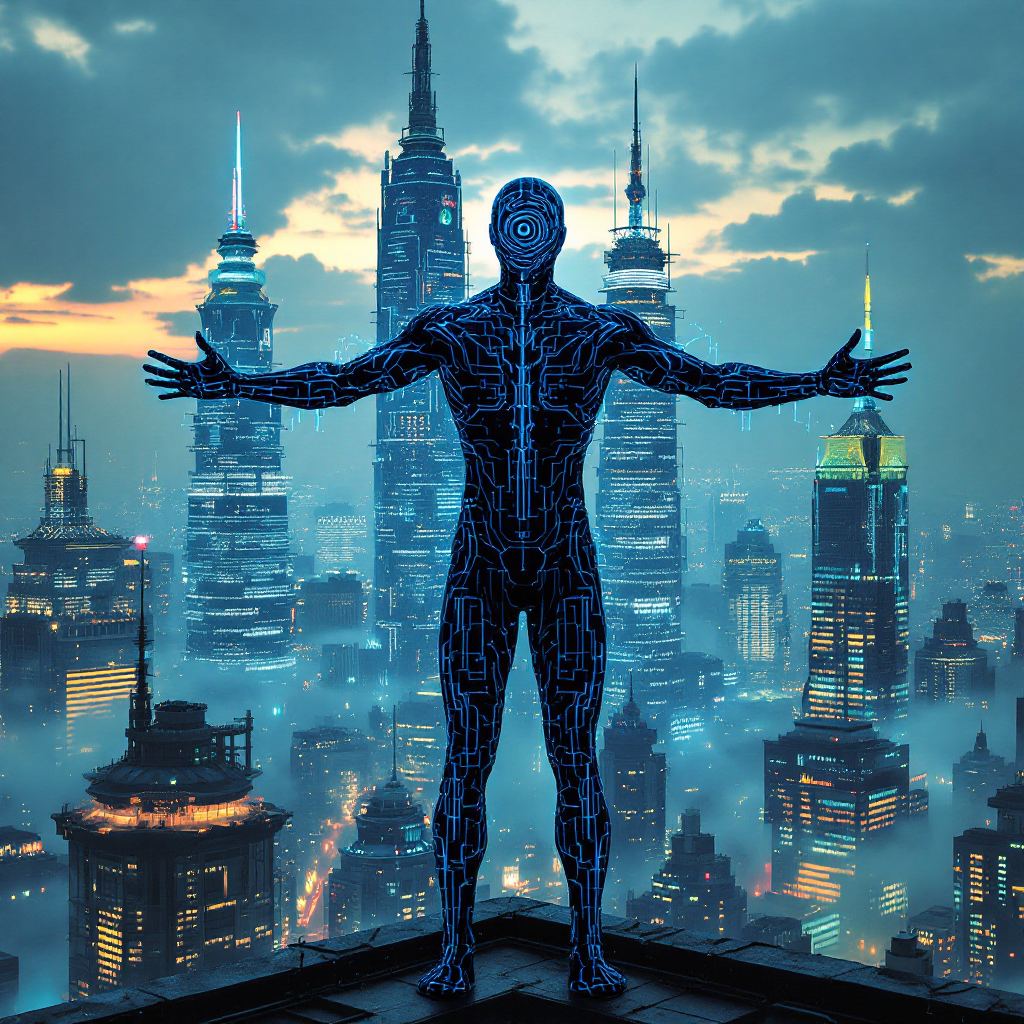 A glowing, blue humanoid figure stands with arms outstretched against a futuristic city skyline, symbolizing the duality of technology's potential for good or evil.