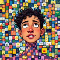 A young person with curly hair gazes upward, their body adorned with a colorful mosaic of small images, symbolizing the intricate choices that shape our identities.