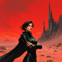 A confident figure in a sleek black outfit stands in front of towering rocky formations under a dramatic red sky, embodying the determination expressed in the quote, I will not be afraid.