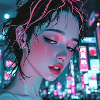 A close-up of a woman with wet, wavy hair and striking makeup, set against a vibrant, neon-lit urban background, reflecting the dual nature of memory as both burden and gift.