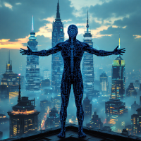 A glowing, blue humanoid figure stands with arms outstretched against a futuristic city skyline, symbolizing the duality of technology's potential for good or evil.