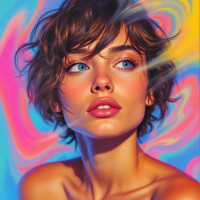 A close-up portrait of a young woman with short, tousled hair and striking blue eyes, set against a vibrant, swirling background of pinks and blues, reflecting individuality and authenticity.