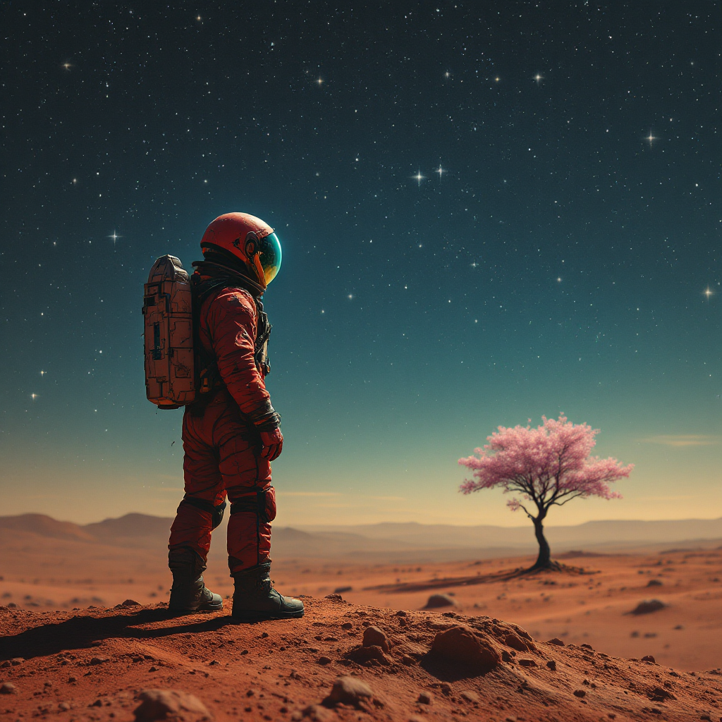 An astronaut in a red suit stands on a barren landscape under a starry sky, gazing at a solitary pink tree, embodying the idea of finding meaning amid cosmic indifference.