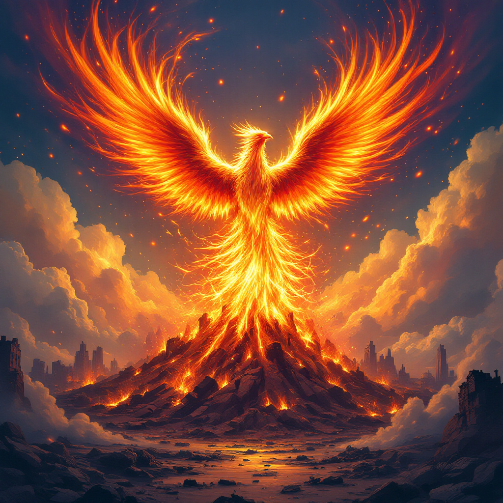 A majestic phoenix, engulfed in flames, rises from a volcanic landscape, symbolizing resilience and rebirth amidst the ashes of failure.