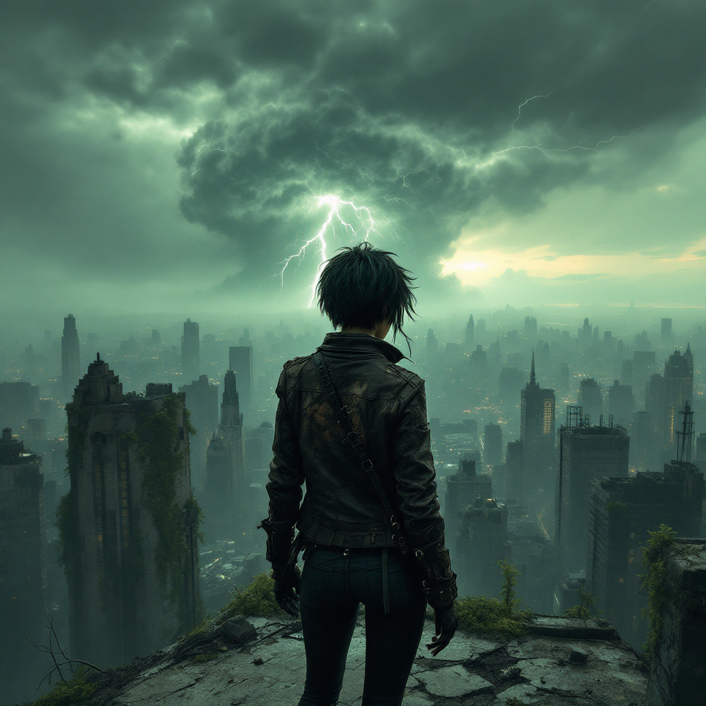 A figure stands atop a ruined cityscape, gazing at ominous storm clouds and a lightning strike, capturing the tension of a world on the brink of ending, yet not quite there.