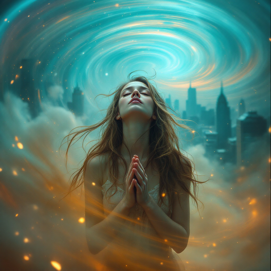 A mesmerized woman with flowing hair stands amidst a swirling, colorful vortex, praying or contemplating, set against a backdrop of a cloudy metropolis, embodying the essence of defining 'real.'