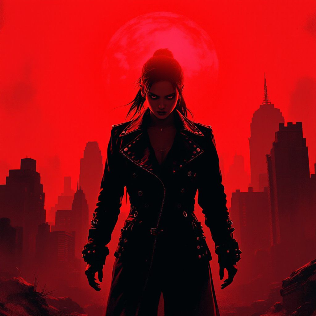 A figure in a black leather coat stands confidently in a desolate cityscape, silhouetted against a vivid red sky with a large sun, embodying strength in facing challenges.