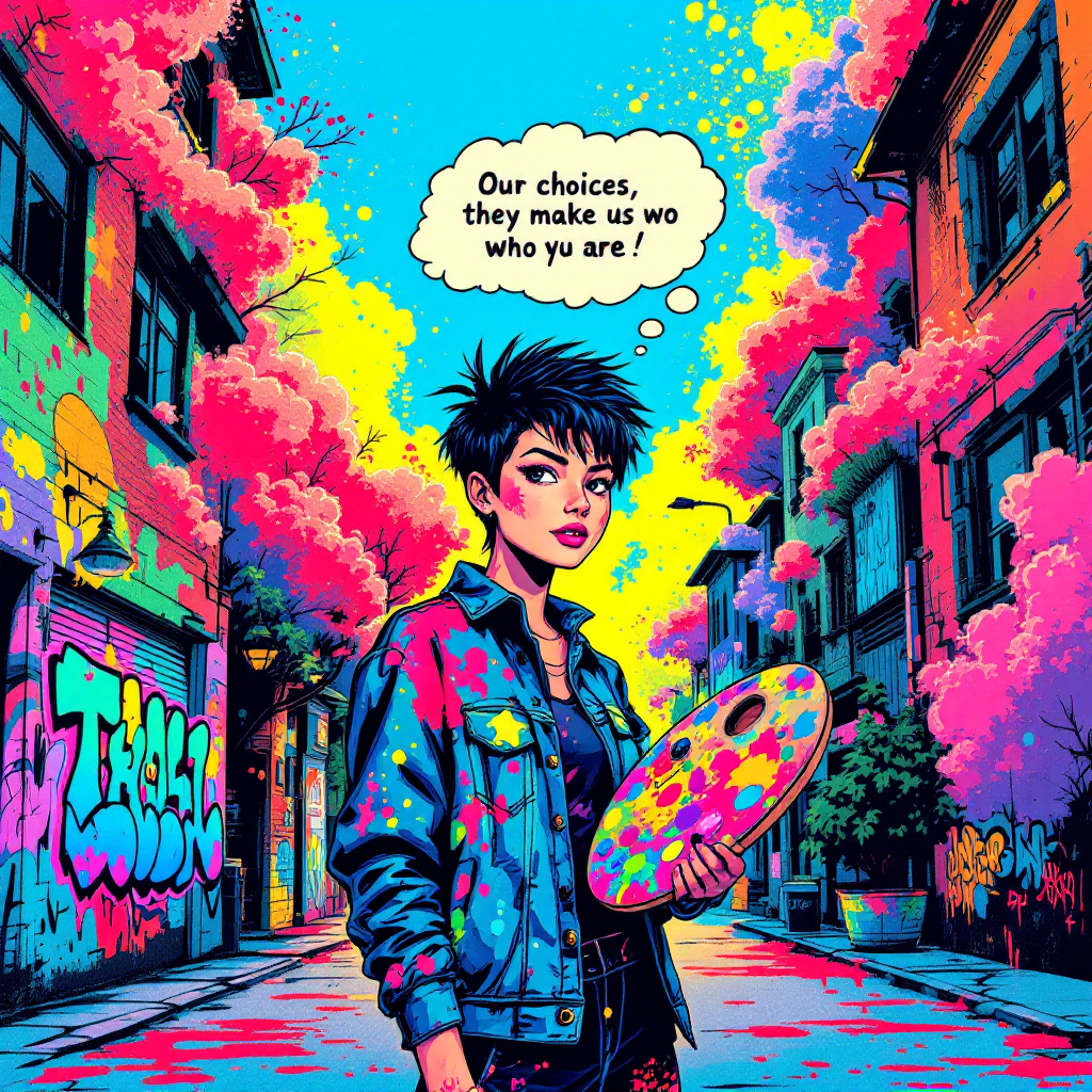 A vibrant street scene features a young artist with a palette, standing confidently amidst colorful graffiti and splashes of paint, highlighting the quote: Our choices, they make us who we are.