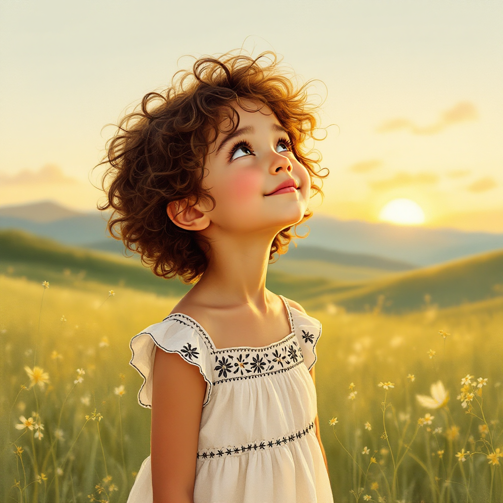 A young girl with curly hair gazes upwards with a joyful expression, surrounded by a sunlit field of flowers, embodying the love and wonder of childhood.