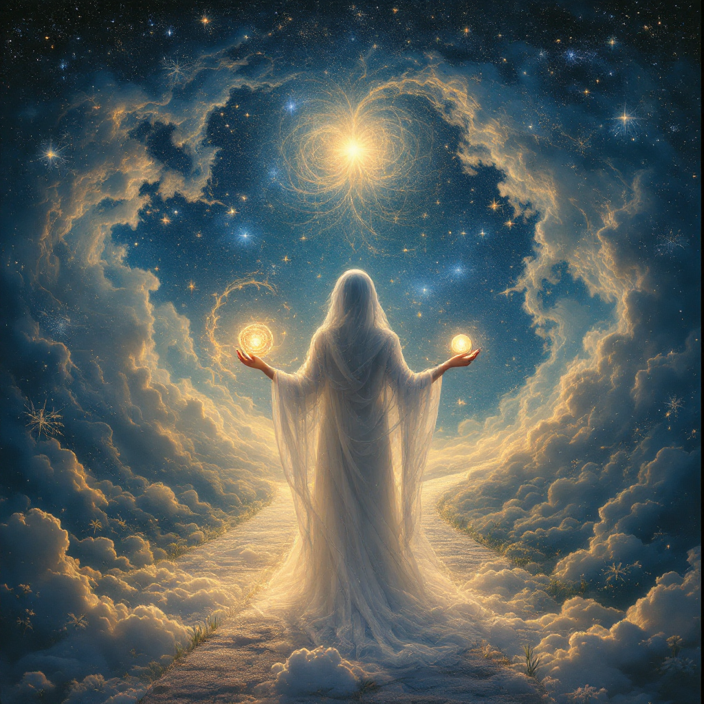 A figure in a flowing white robe stands on a cloud-draped path, holding glowing orbs, surrounded by a starry sky and luminous swirls, embodying the choice between fear and aspiration toward the stars.