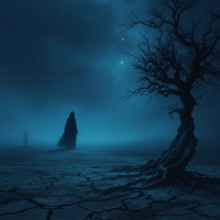 In a desolate landscape, a shadowy figure stands near a gnarled tree under a starry, indigo sky, embodying the indifference of nature to human existence.