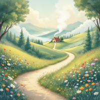 A winding path leads through vibrant meadows and trees to a cozy house, embodying the journey of life with its unexpected twists and turns, guiding you home.