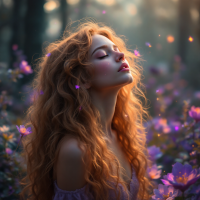 A serene young woman with flowing, curly hair stands amidst a blooming field, eyes closed, as she embraces the journey of self-discovery. Soft light enhances the enchanting atmosphere.