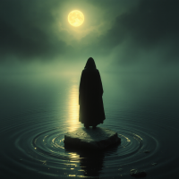 A cloaked figure stands on a rock in a misty, moonlit lake, ripples spreading outward, evoking the idea that each decision shapes fate's fabric.