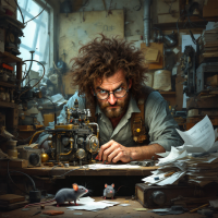 A disheveled genius sits at a cluttered desk, surrounded by notes and machinery, while a small mouse observes him from the floor, embodying the quote about genius and insignificance.