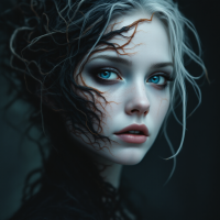 A striking portrait of a young woman with eerie, dark tendrils integrated into her hair, embodying a blend of beauty and fear, reflecting the complexities of familiar terrors.