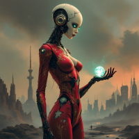 A futuristic robot in a red suit gazes at a glowing orb in its hand, set against a dystopian cityscape, reflecting the quote: Love is a gamble, and sometimes, you lose everything.