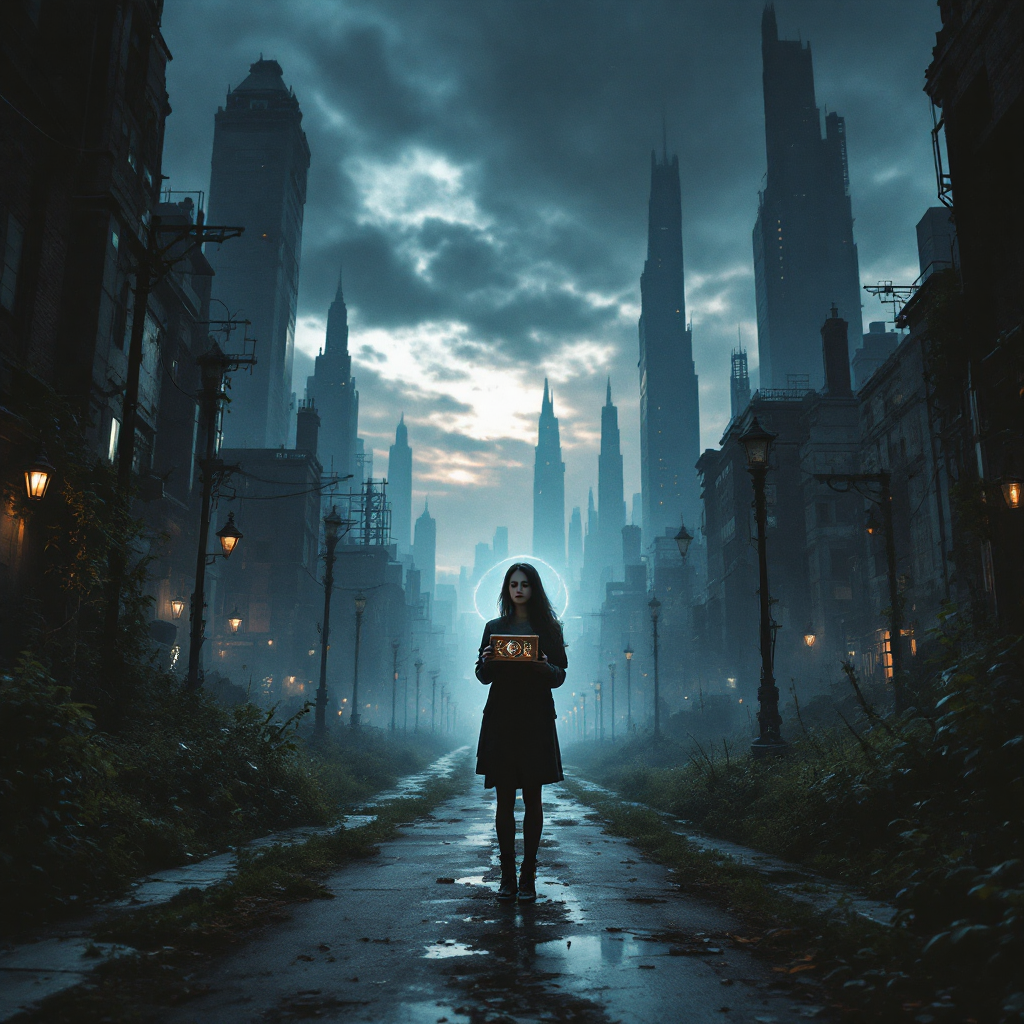 A figure in a black dress stands on a deserted, overgrown street, holding a glowing box, with dark, towering skyscrapers looming in the misty background under a brooding sky.