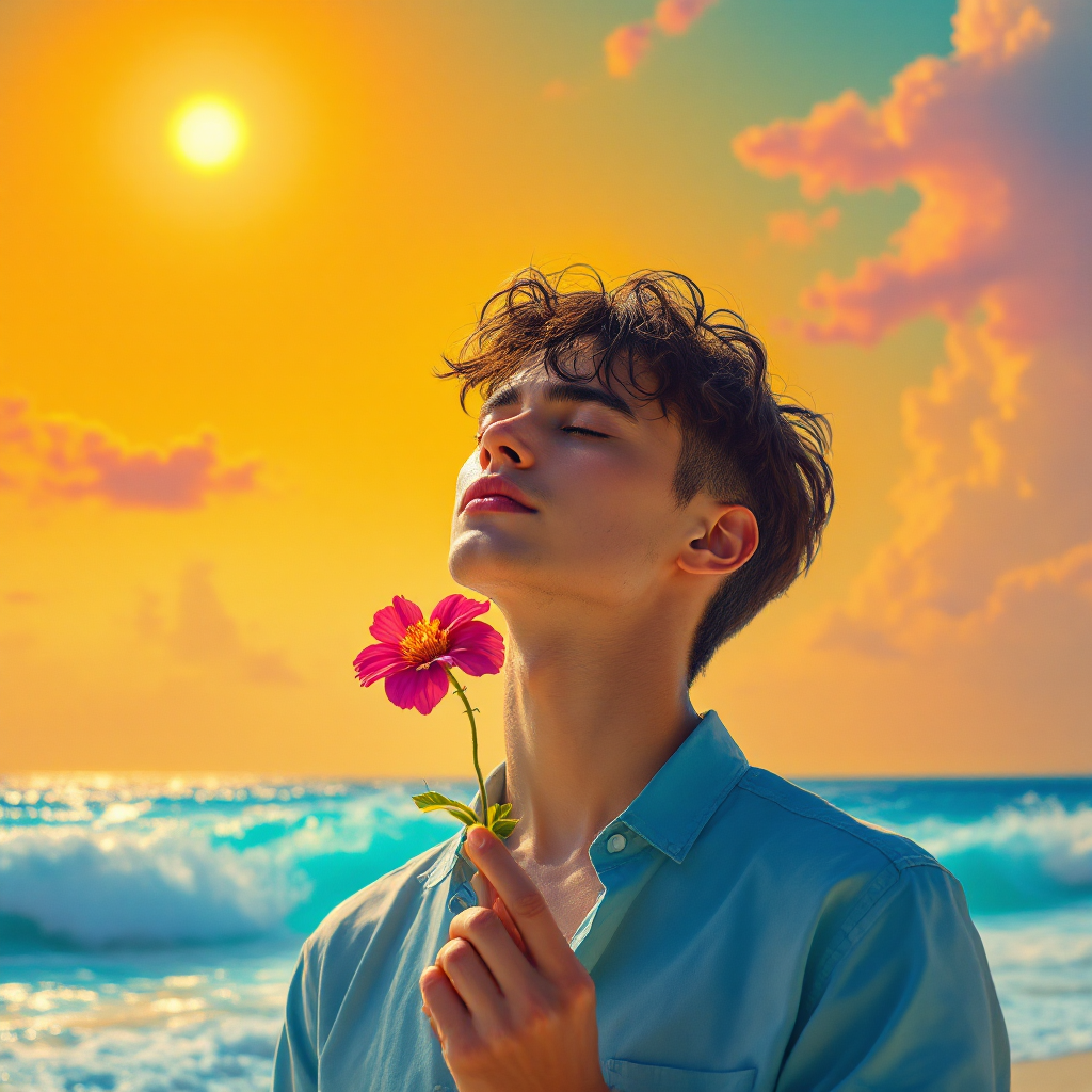 A young man holds a vibrant flower, gazing thoughtfully toward a radiant sunset over the ocean, embodying a moment of profound reflection on happiness.