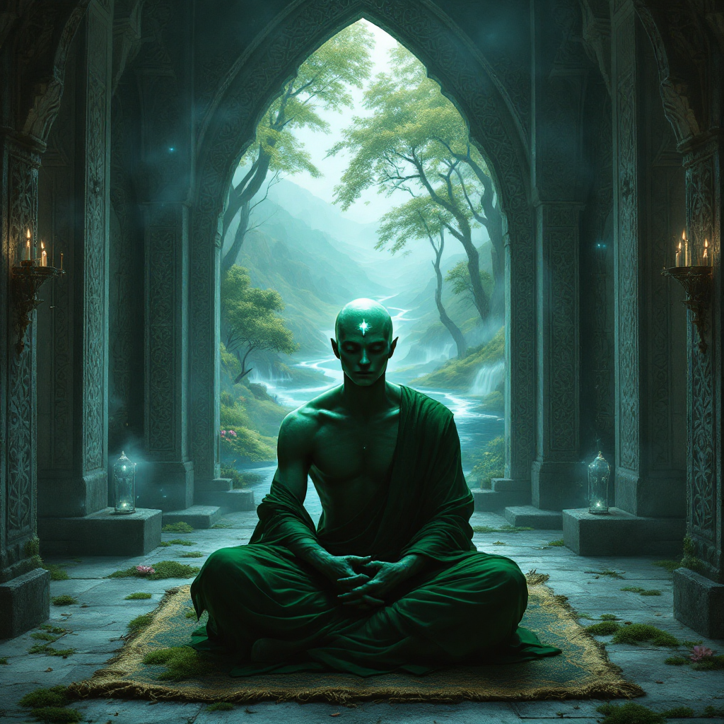 A serene emerald-skinned priest sits silently in an ornate, mystical space, surrounded by ethereal light, ready to provide telepathic communication in emergencies.