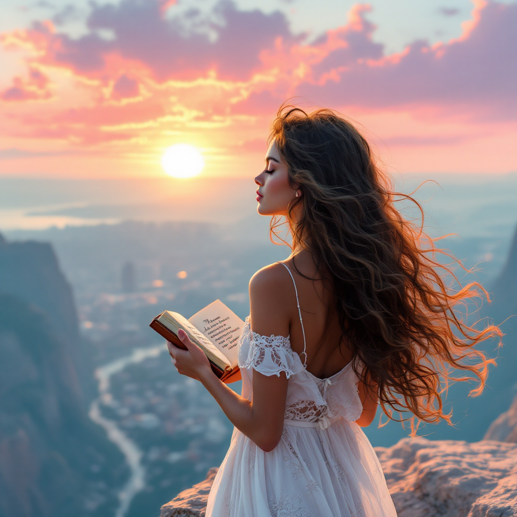 A woman in a flowing white dress stands at a scenic overlook, reading a book as the sun sets, embodying the idea that the future unfolds one day at a time.