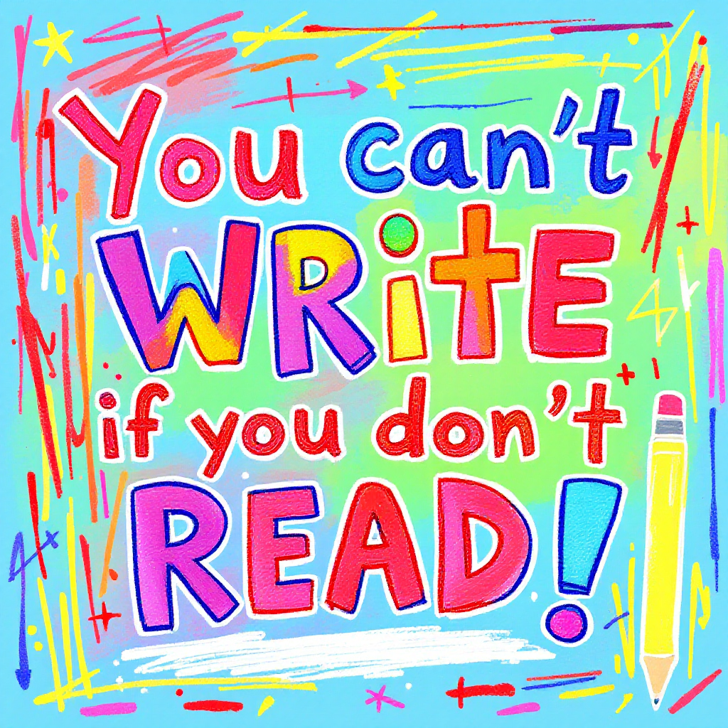 Colorful text in bright red, blue, and yellow reads, You can’t WRITE if you don’t READ! against a cheerful, multi-colored background with playful doodles and patterns.