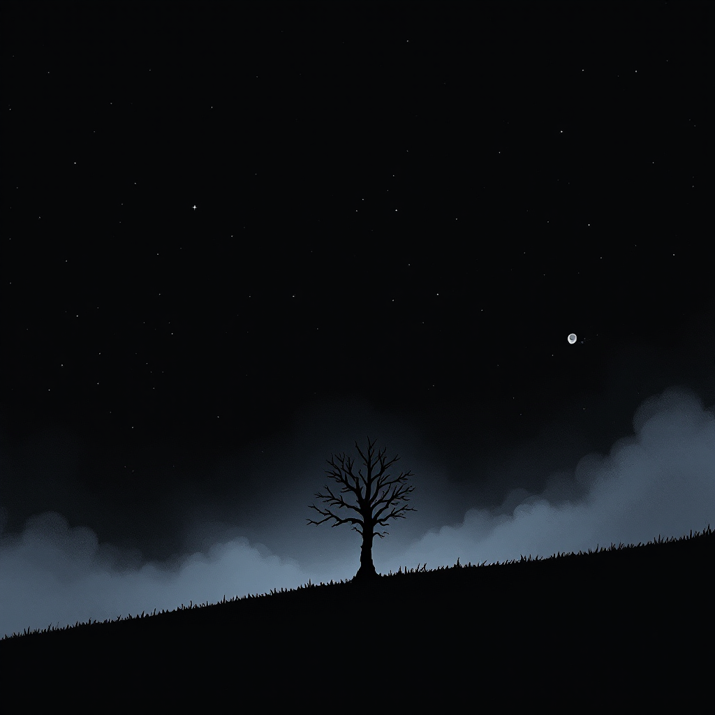 A solitary tree silhouetted against a dark night sky filled with stars and wispy clouds, evoking a sense of mystery and the eerie ambiance of the night is dark and full of terrors.