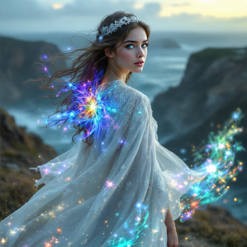 A serene figure in a flowing white gown stands on a cliff, gazing back. Ethereal, colorful lights swirl around her, capturing the essence of bravery amid life's challenges.