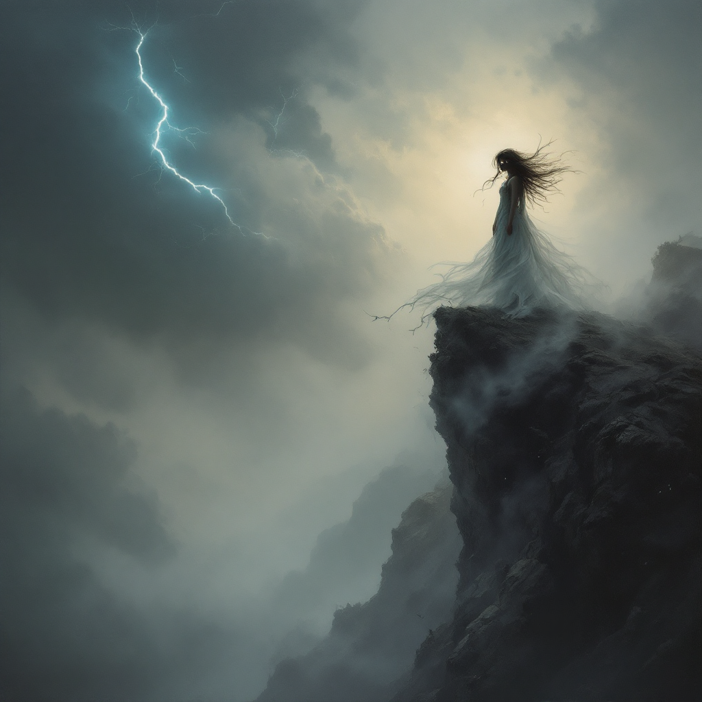 A figure in a flowing white dress stands on a rocky outcrop, surrounded by dark clouds and lightning, embodying the struggle of finding one's true self in the darkest moments.