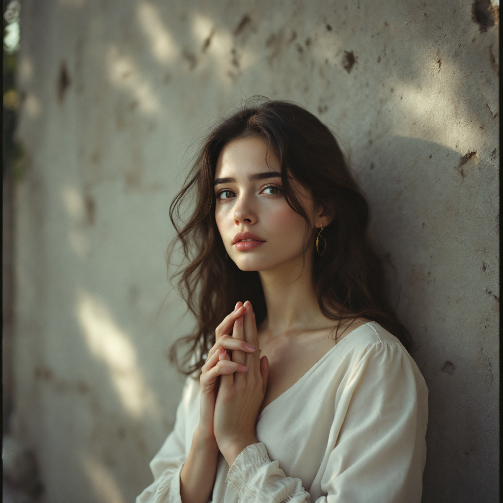 A contemplative young woman stands against a weathered wall, hands clasped together, embodying the essence of the quote: History does not remember blood, only deeds.