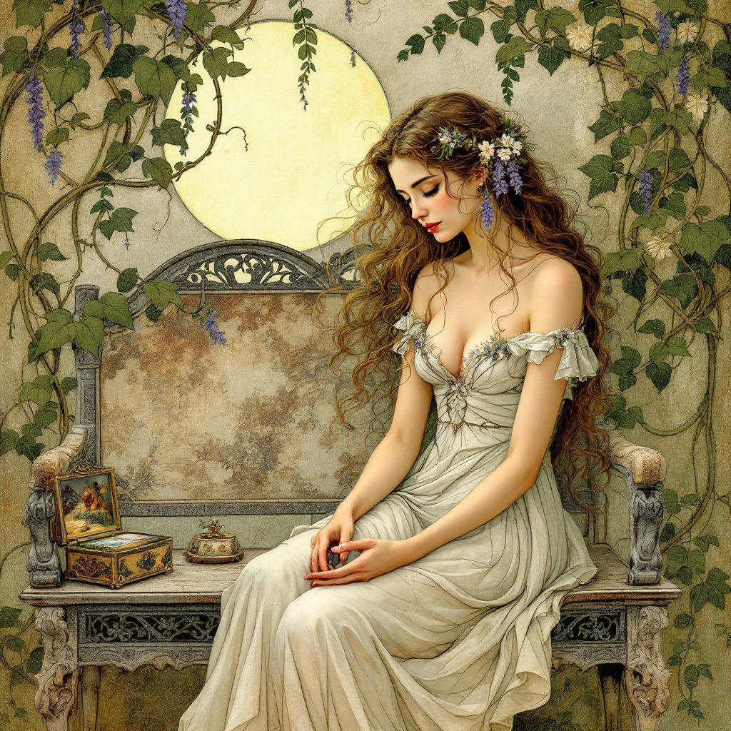 A contemplative woman in a flowing dress sits on a stone bench surrounded by lush foliage, reflecting the complexity of life's interconnected struggles under a full moon.