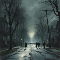 A dark, atmospheric street lined with bare trees and shadowy figures walking towards a distant light, capturing the essence of reality as a construct shaped by perception.