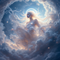 A luminous figure with flowing hair emerges from soft clouds, surrounded by a halo and glimmering stars, embodying the synthesis of creativity and meaning.